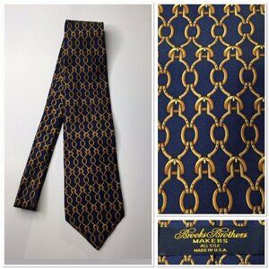 Brooks Brothers Makers Silk Tie Blue Gold Chain Buckle Equestrian Print Preppy